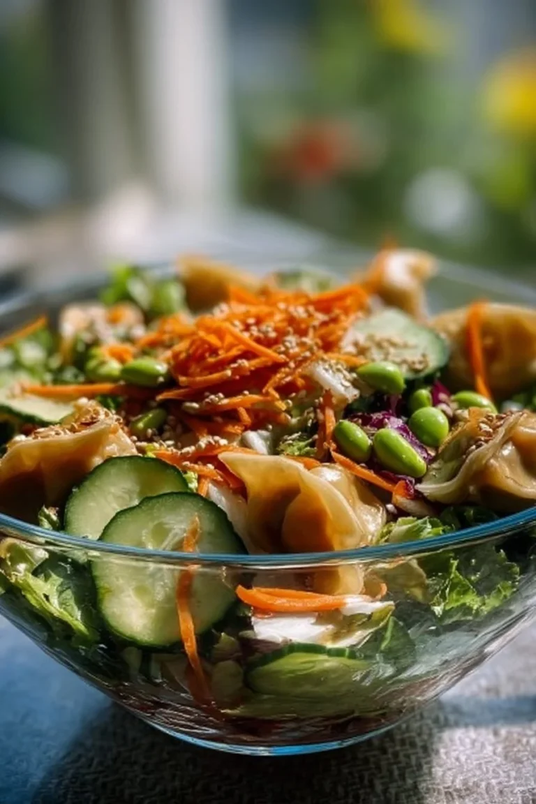 A vibrant Potsticker Salad topped with crispy potstickers and colorful greens.