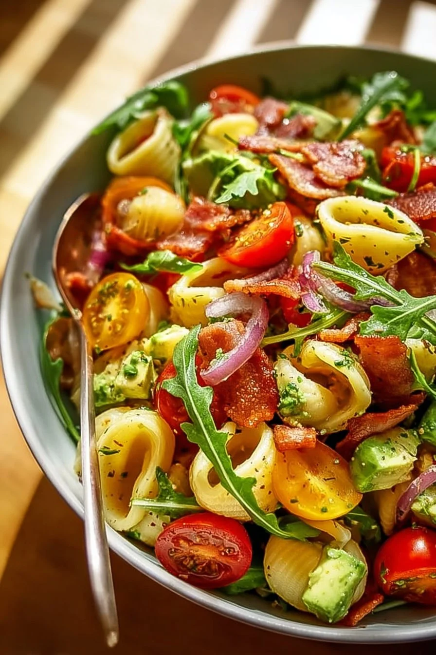 Delicious quick BLT avocado pasta salad with fresh ingredients