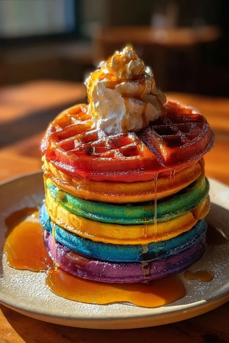 Colorful rainbow waffles stacked on a plate with syrup and fruit