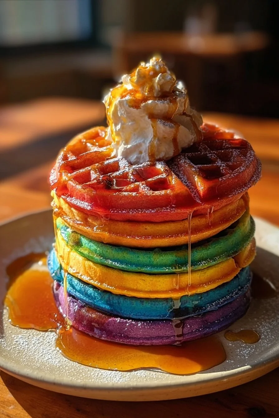 Colorful rainbow waffles stacked on a plate with syrup and fruit