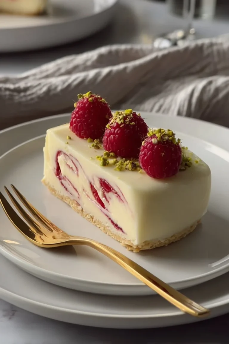 Delicious no-bake raspberry cheesecake topped with fresh raspberries
