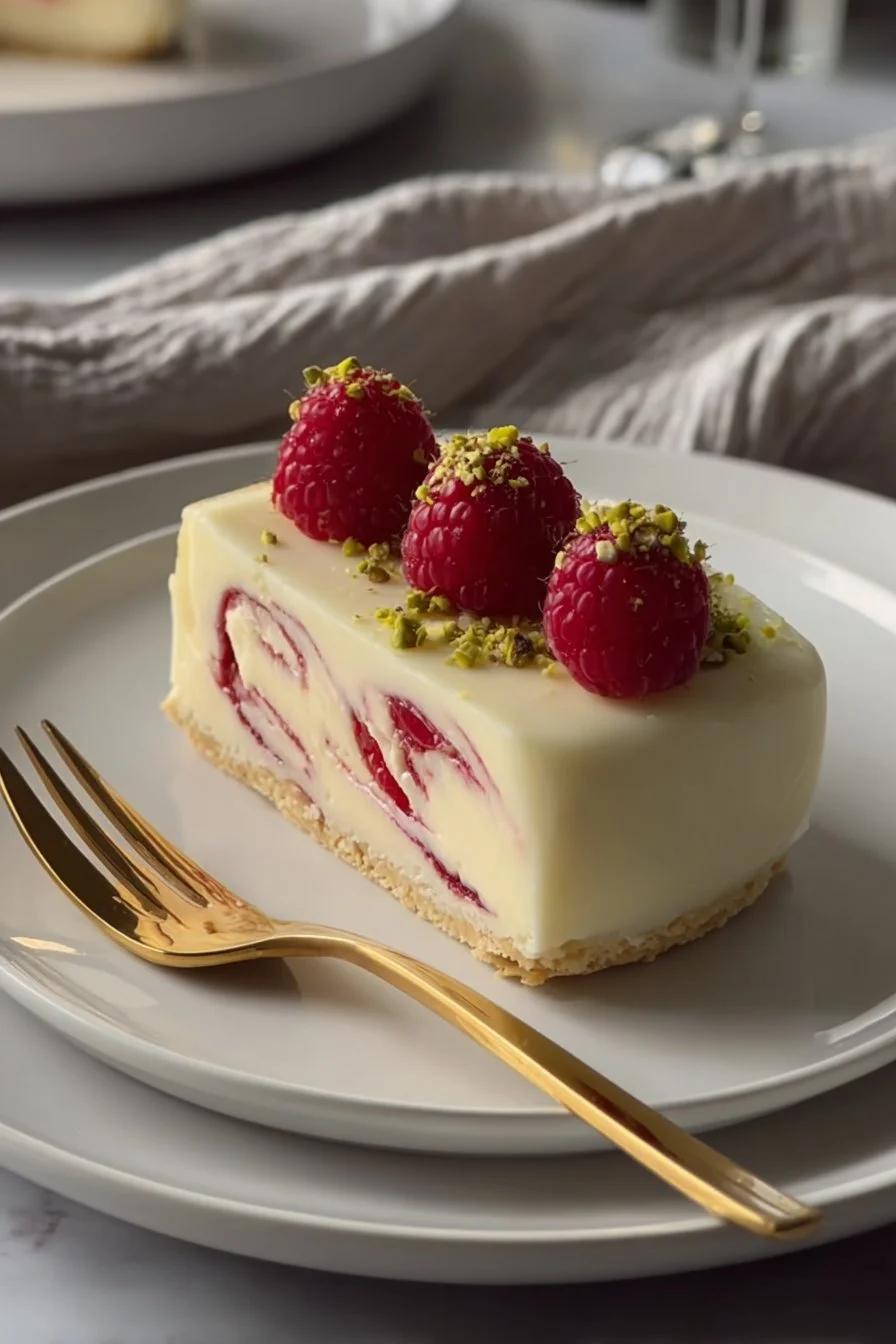 Delicious no-bake raspberry cheesecake topped with fresh raspberries