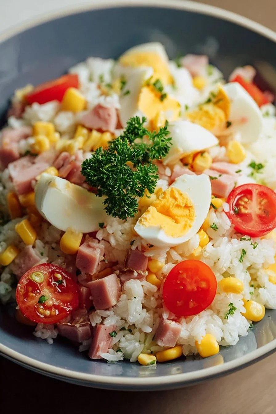 Rice salad with ham, corn, and eggs in a vibrant bowl