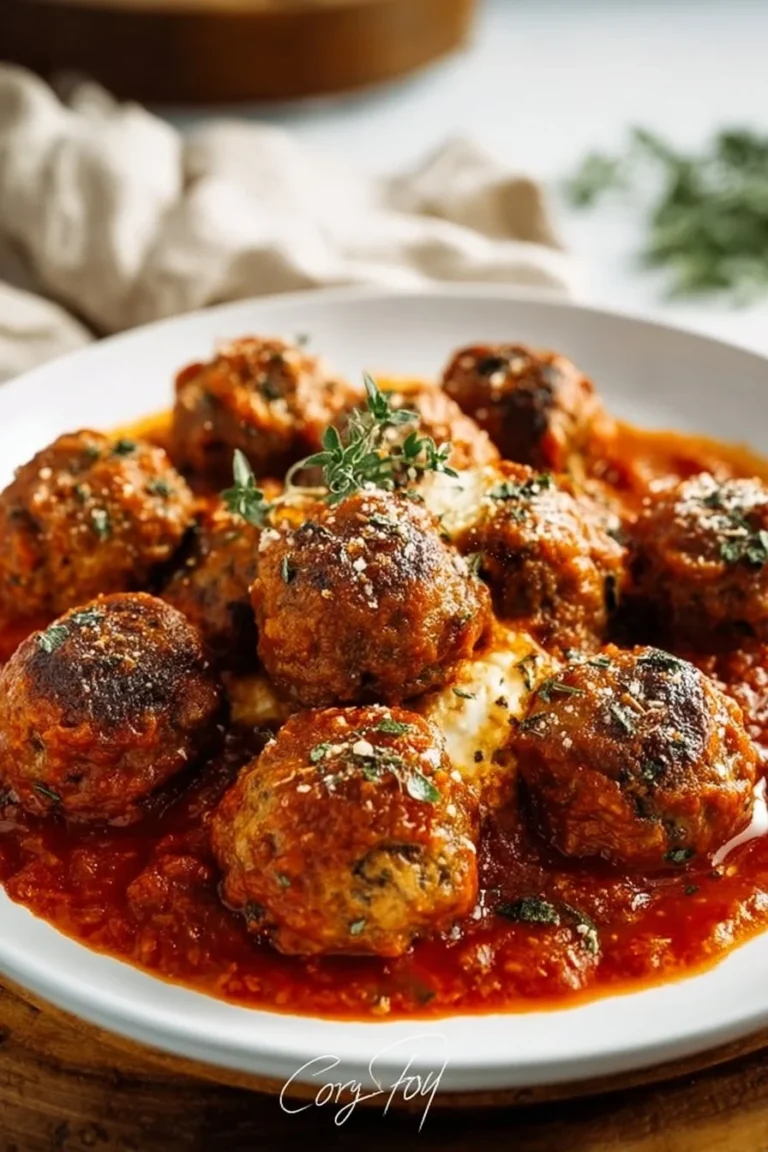 Homemade ricotta meatballs served with marinara sauce and herbs