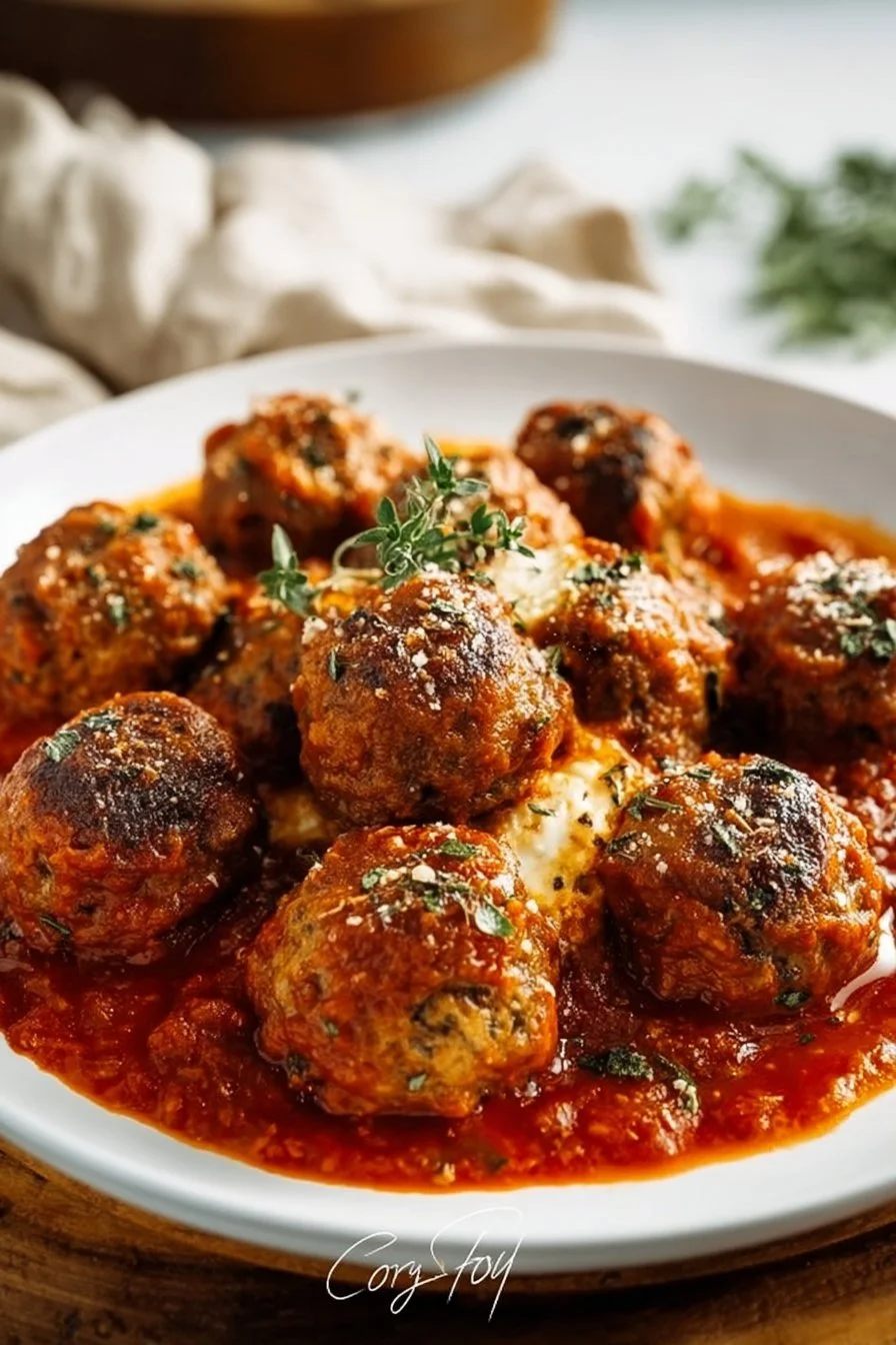Homemade ricotta meatballs served with marinara sauce and herbs