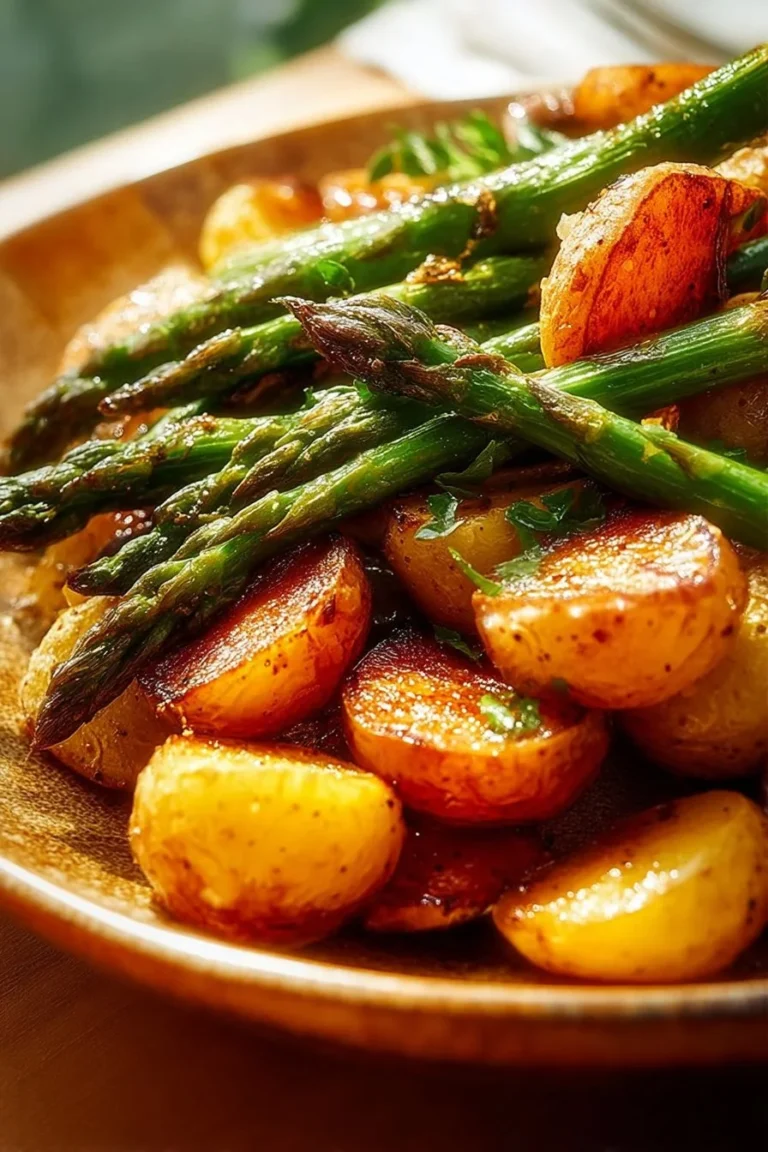 Deliciously roasted asparagus and potatoes on a plate, garnished and ready to serve.