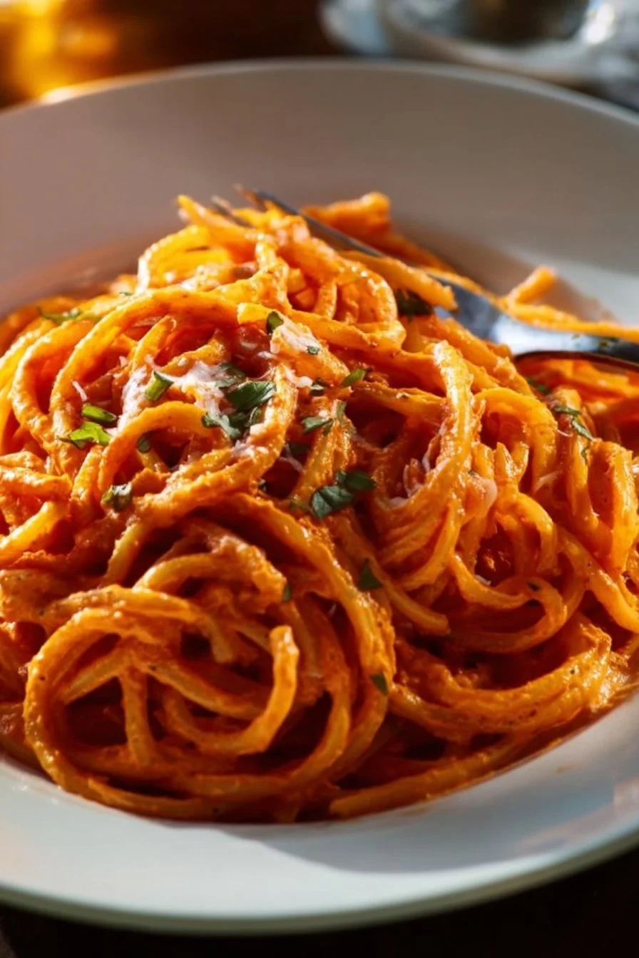 Dish of roasted red pepper pasta with fresh herbs and a creamy sauce
