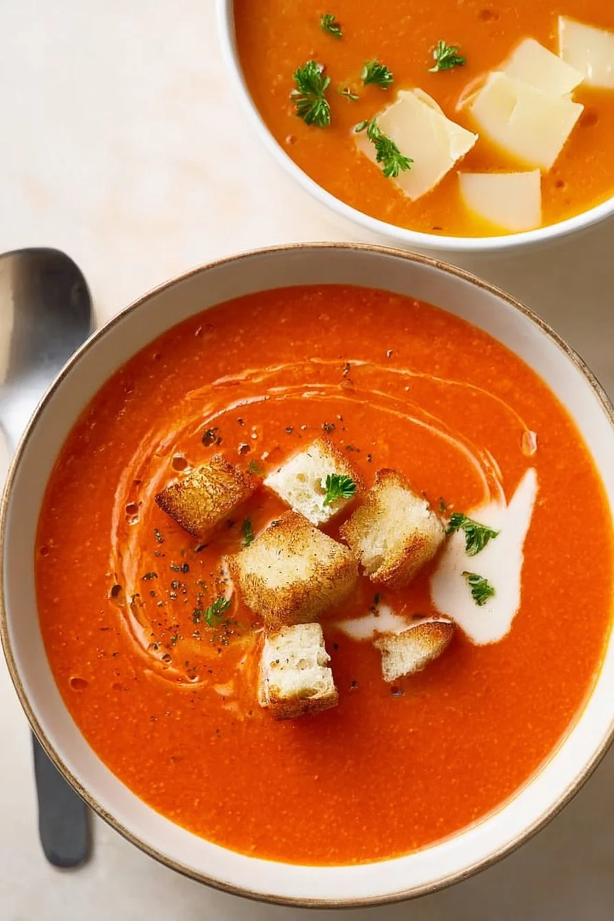 Bowl of creamy roasted red pepper soup garnished with fresh herbs.