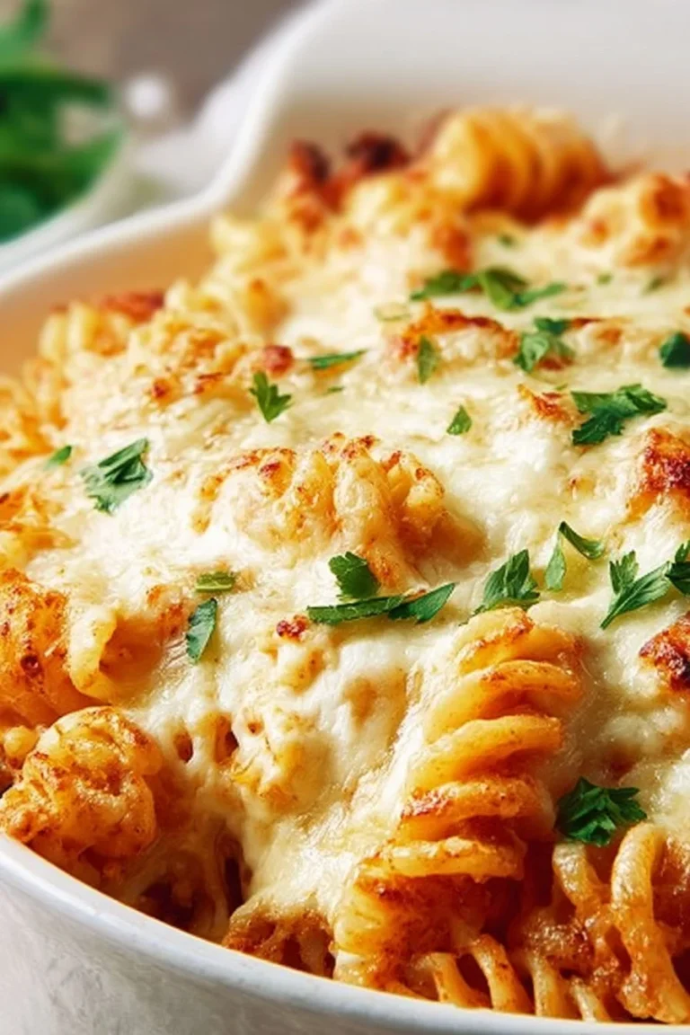 Delicious rotini pasta bake topped with cheese and herbs, served in a baking dish.