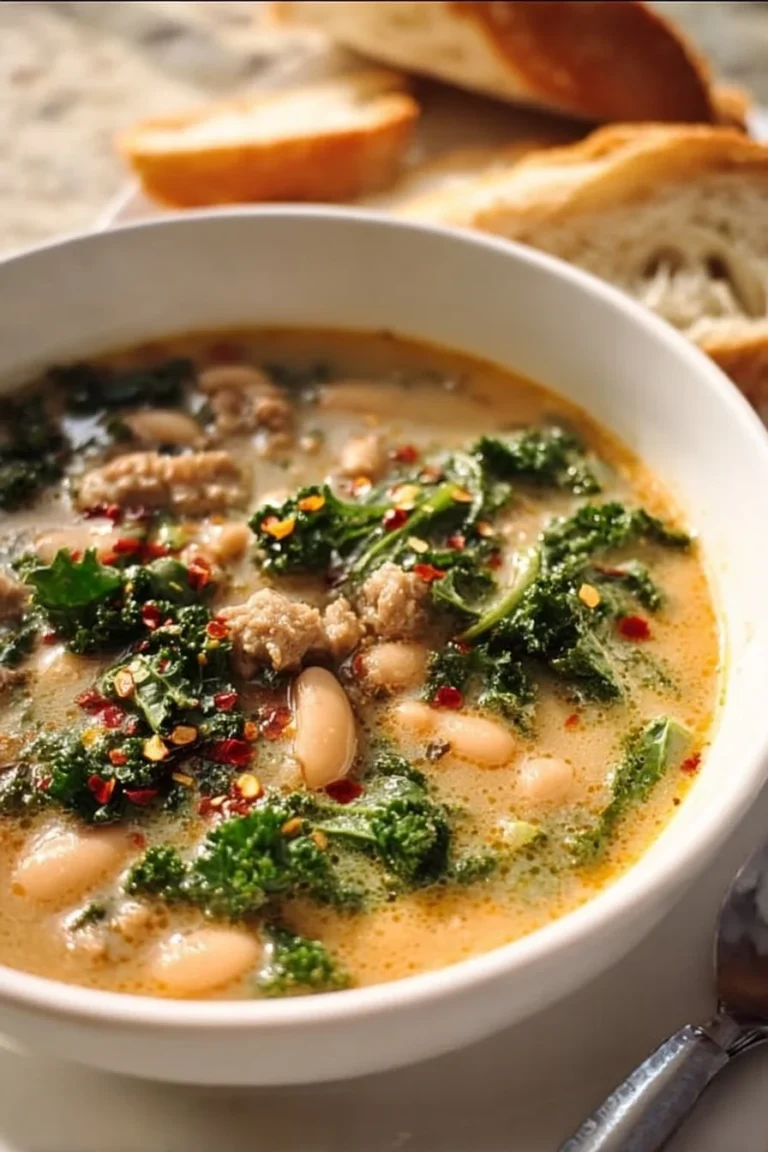 Bowl of Sausage and White Bean Soup garnished with herbs