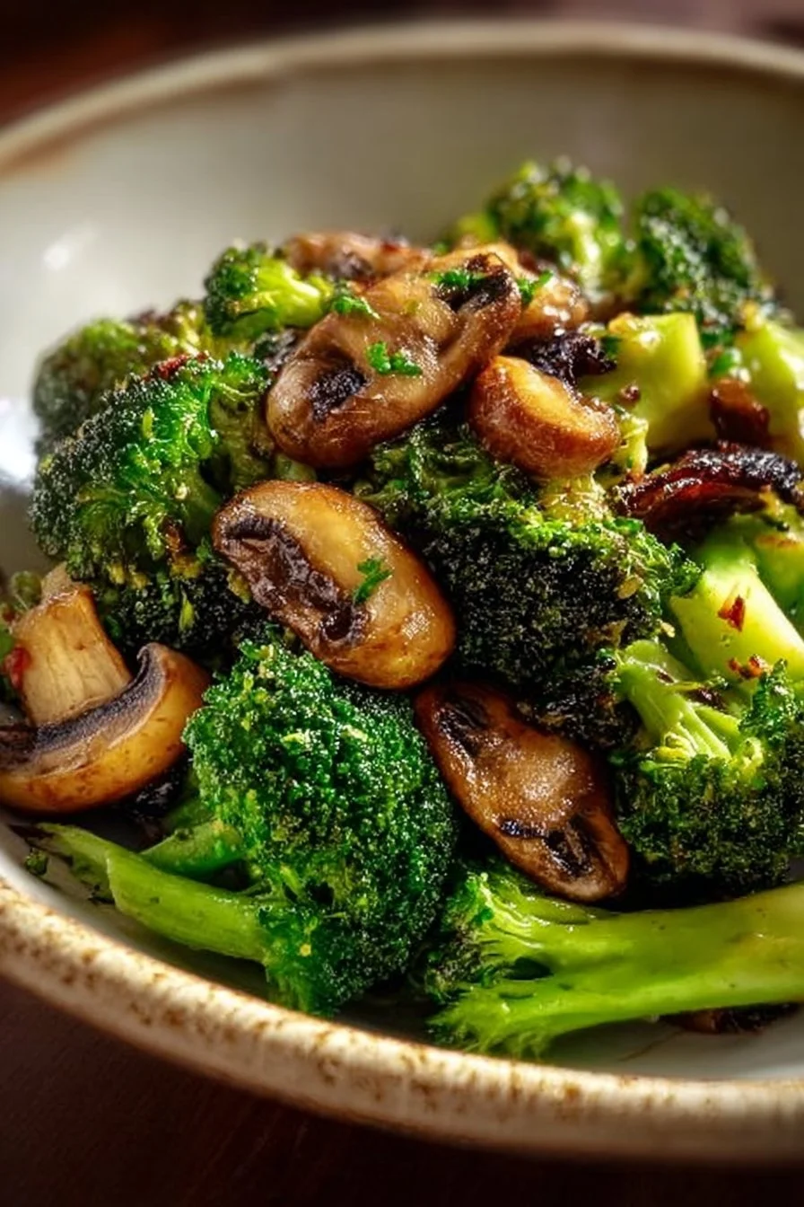 Plate of sautéed mushrooms and broccoli garnished with herbs