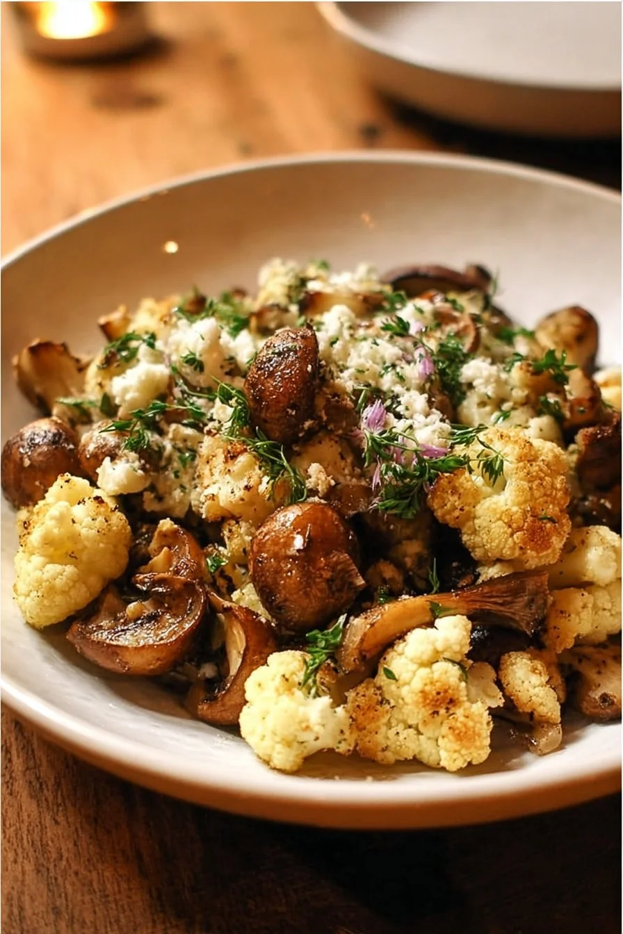 Plate of sautéed mushrooms and cauliflower crumbles garnished with herbs