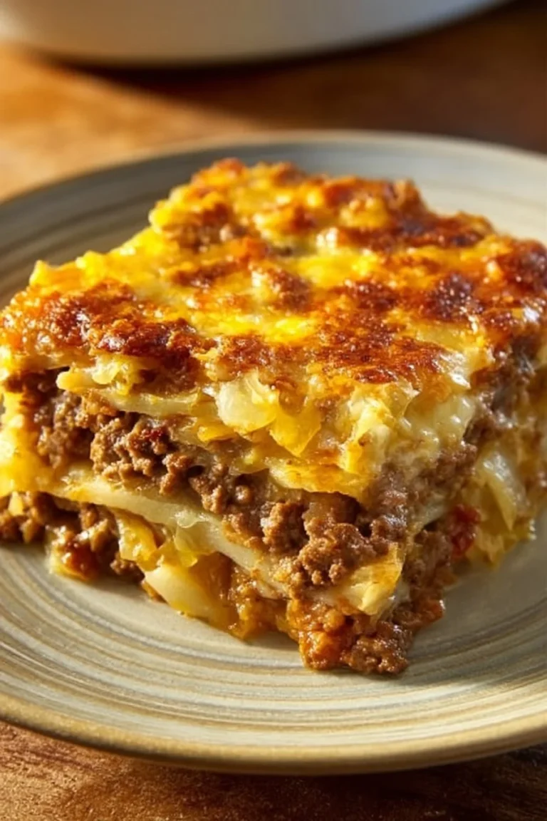 Savory beef cabbage casserole dish served hot with melted cheese on top.