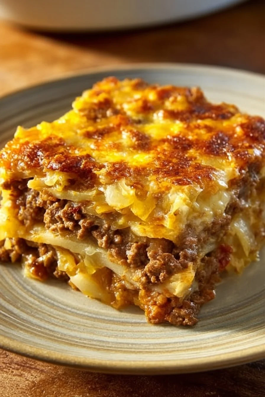 Savory beef cabbage casserole dish served hot with melted cheese on top.