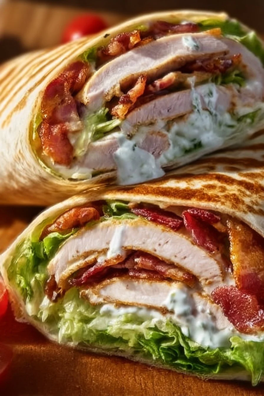 Savory Turkey Ranch Club Wrap with turkey, bacon, and ranch dressing wrapped in tortilla.