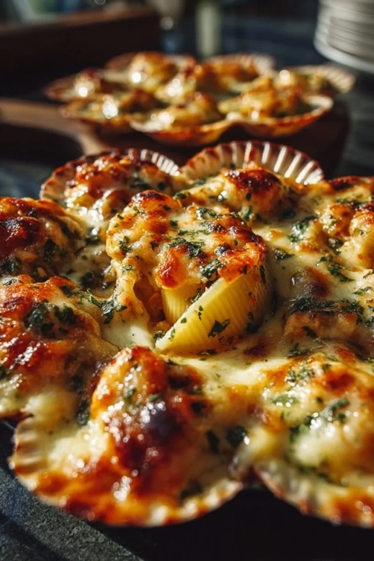A plate of Seafood Stuffed Shells with creamy filling and topped with cheese.