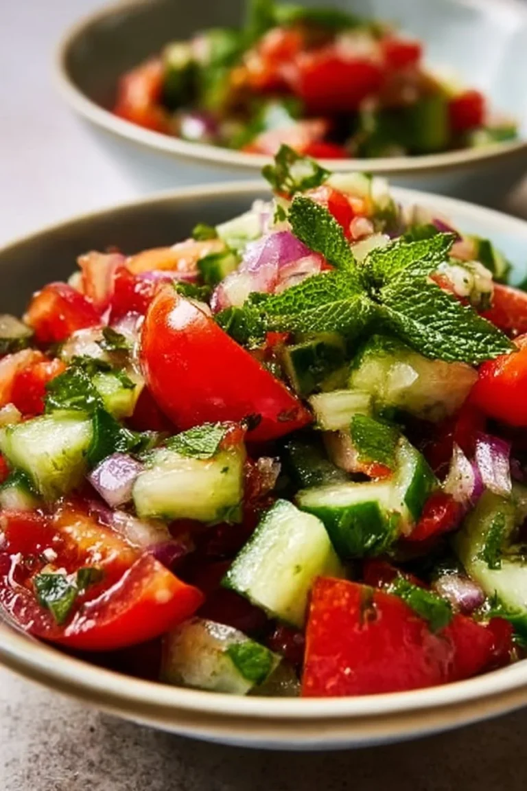A delicious bowl of Shirazi Salad with diced tomatoes, cucumbers, and herbs.
