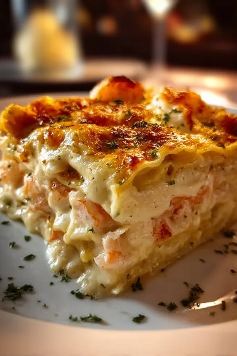 Delicious Shrimp Alfredo Lasagna with creamy sauce and shrimp topping