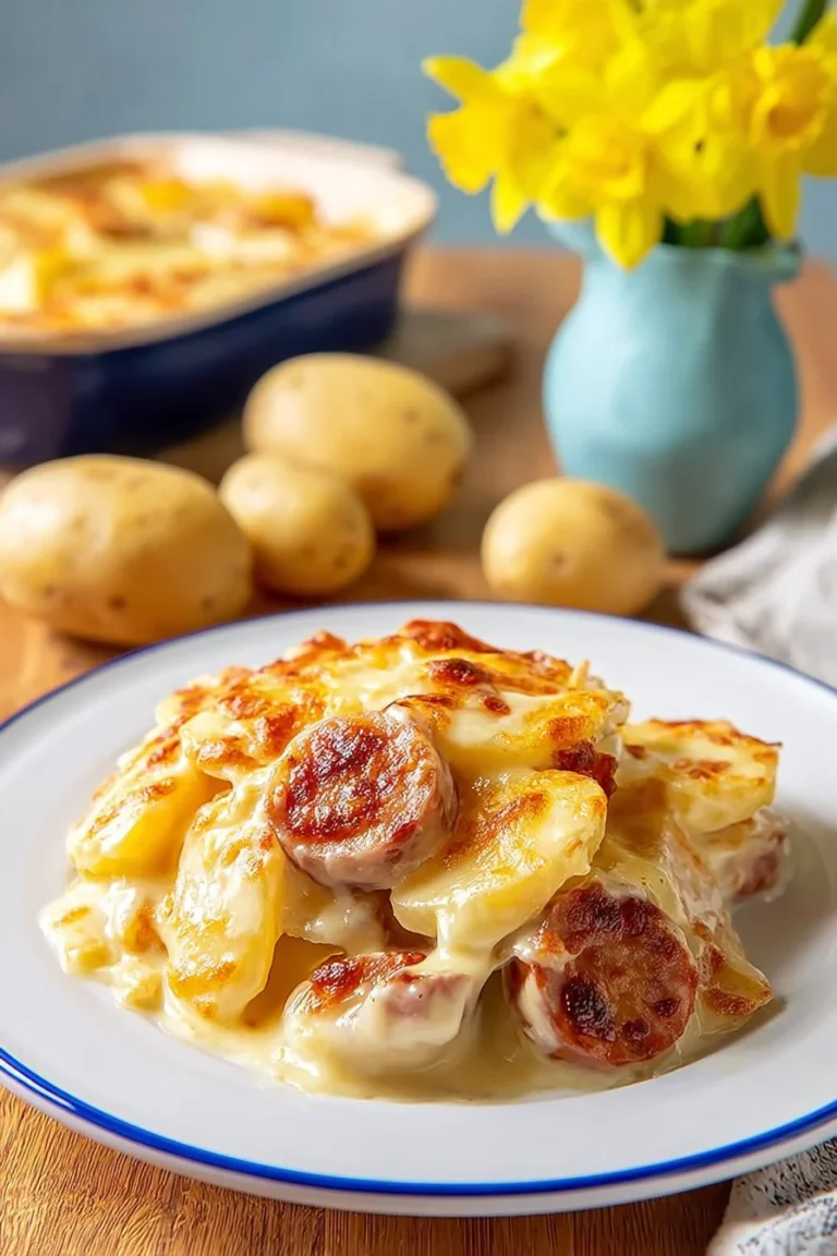 Delicious dish of simple scalloped potatoes served with kielbasa.