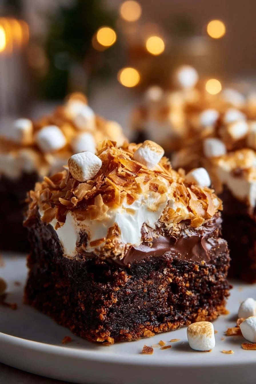 Decadent Sno Ball Brownies topped with marshmallow and chocolate