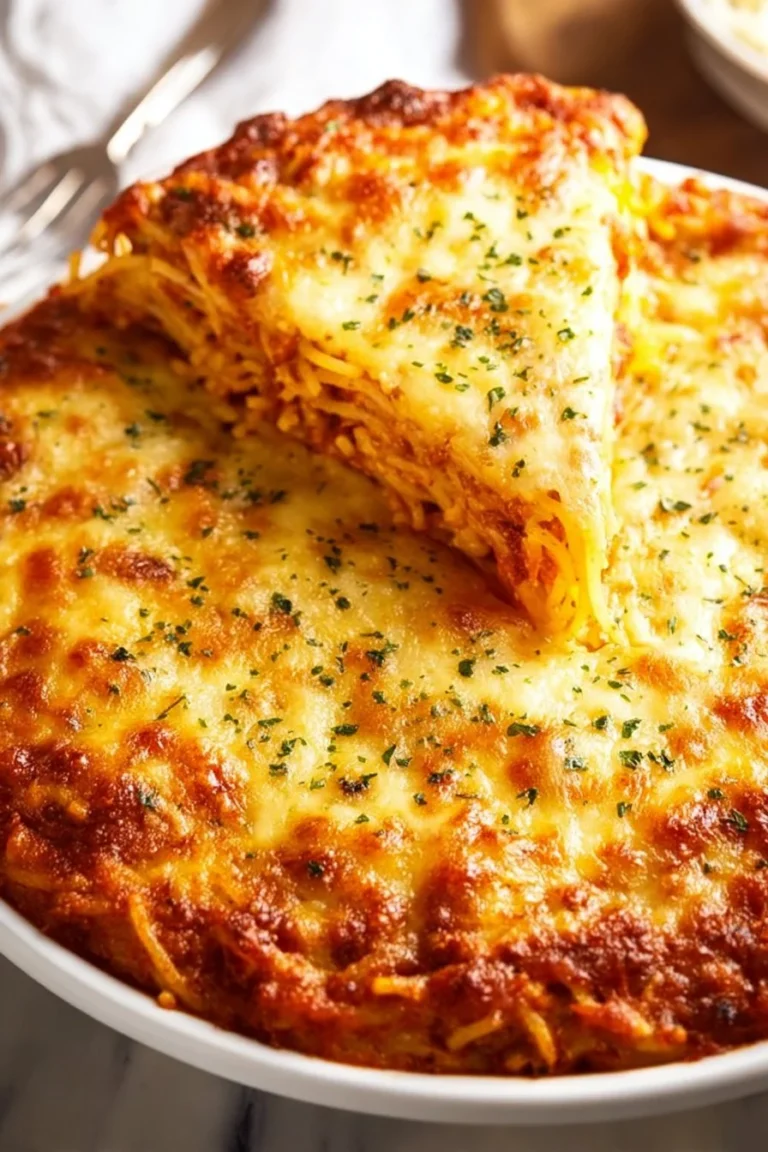 Delicious spaghetti pie served on a plate, garnished with herbs.