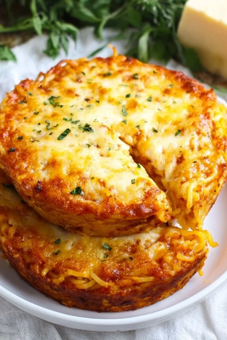Delicious homemade spaghetti pie served on a plate with a fork