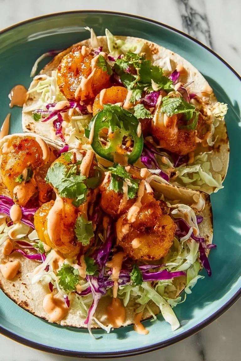 Delicious Spicy Bang Bang Shrimp Tacos served with fresh slaw