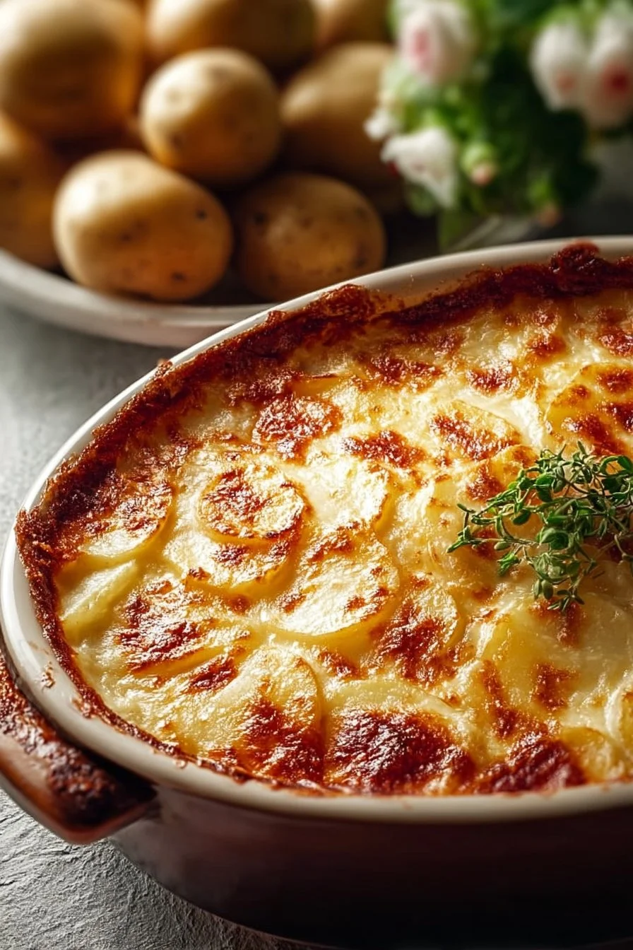 Spicy jalapeño scalloped potatoes served in a baking dish