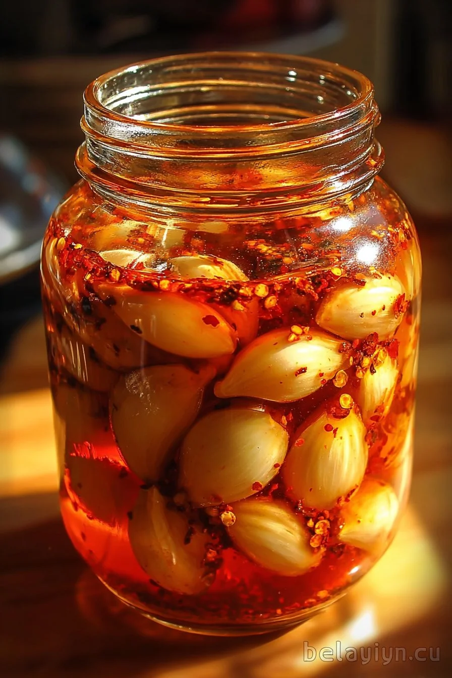 Jar of spicy pickled garlic with fresh garlic cloves and chili peppers