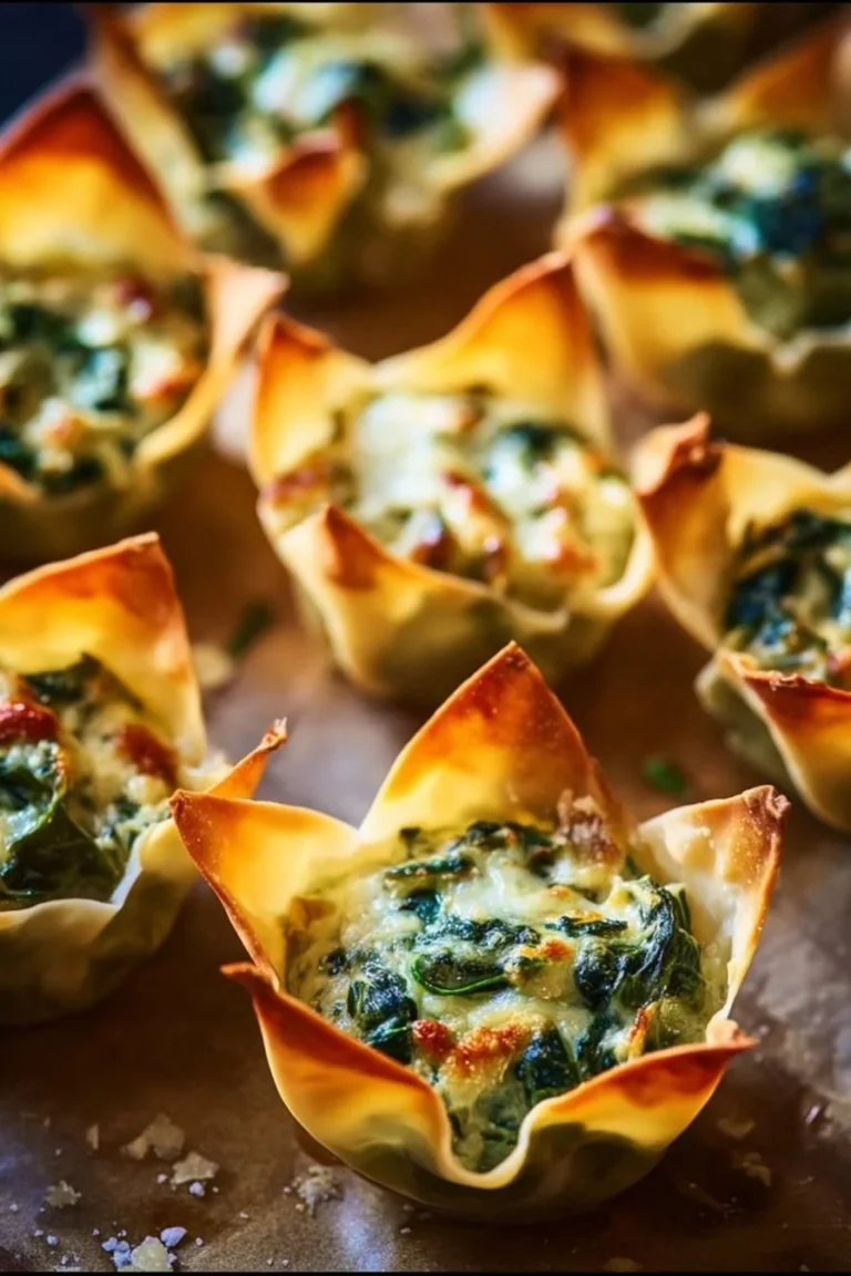 Baked Spinach Artichoke Wonton Cups filled with creamy spinach and artichoke dip.