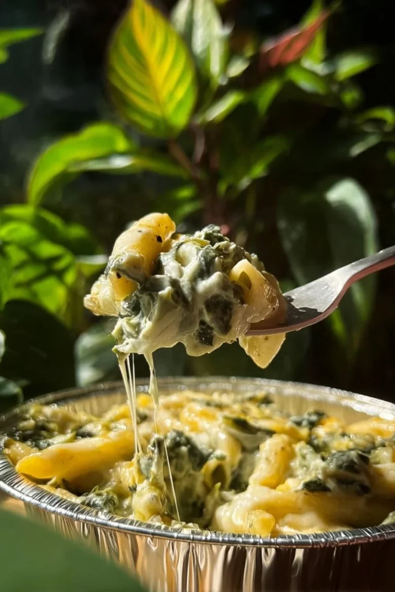 Delicious bowl of Spinach Artichoke Pasta topped with cheese and herbs