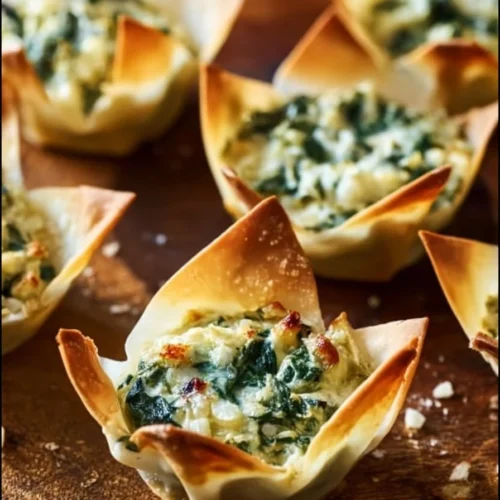 Delicious spinach and artichoke wonton cups served as an appetizer.