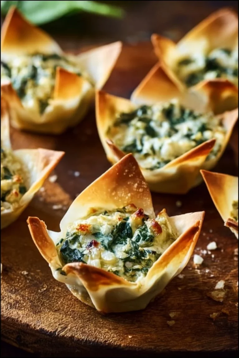 Delicious spinach and artichoke wonton cups served as an appetizer.