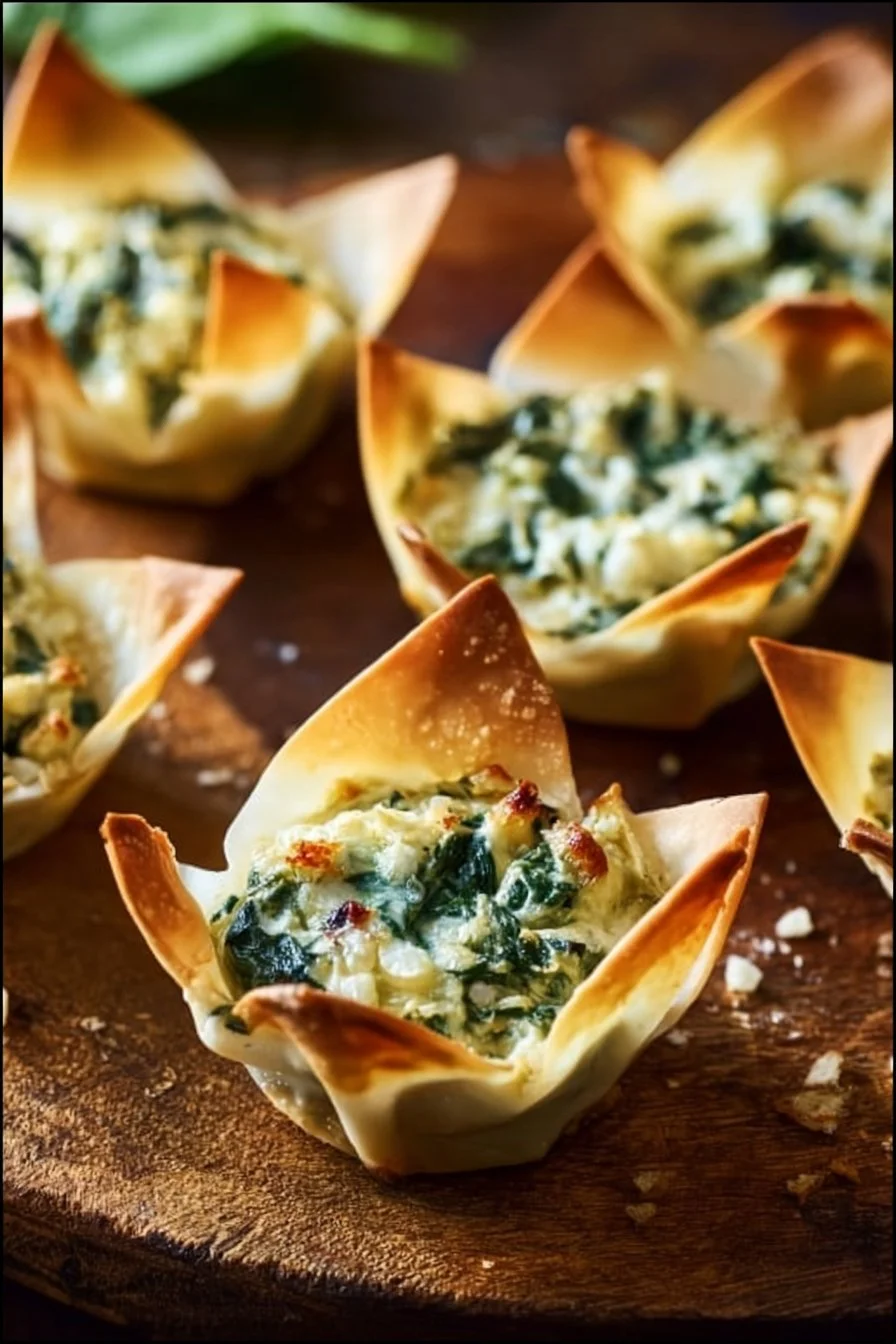 Delicious spinach and artichoke wonton cups served as an appetizer.