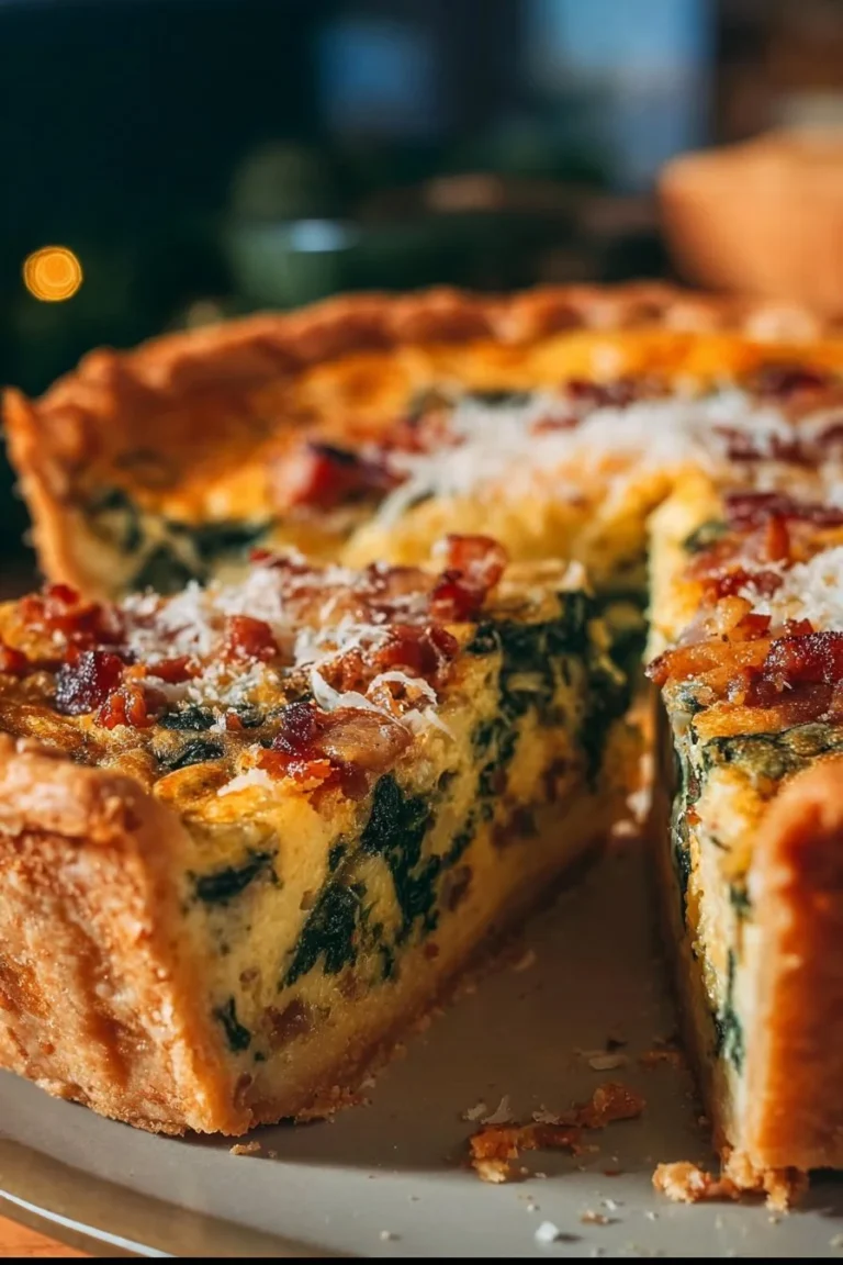 Delicious spinach bacon quiche served on a plate, a perfect brunch dish.