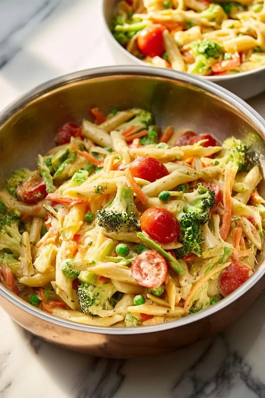 A colorful spring pasta dish with seasonal vegetables and herbs