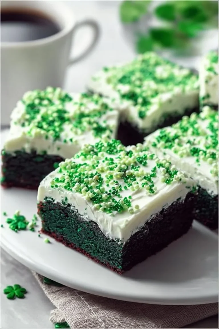 Delicious St. Patrick's Day brownies topped with green frosting and sprinkles