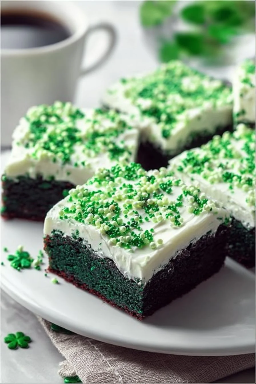 Delicious St. Patrick's Day brownies topped with green frosting and sprinkles