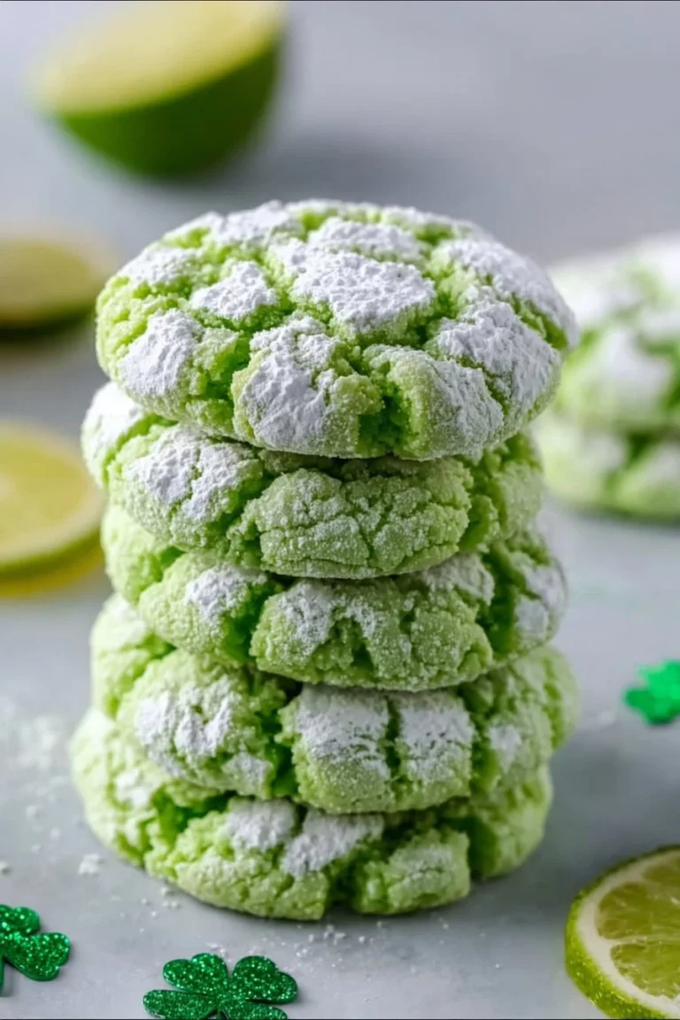 Delicious St. Patrick's Day lime crinkle cookies covered in powdered sugar.