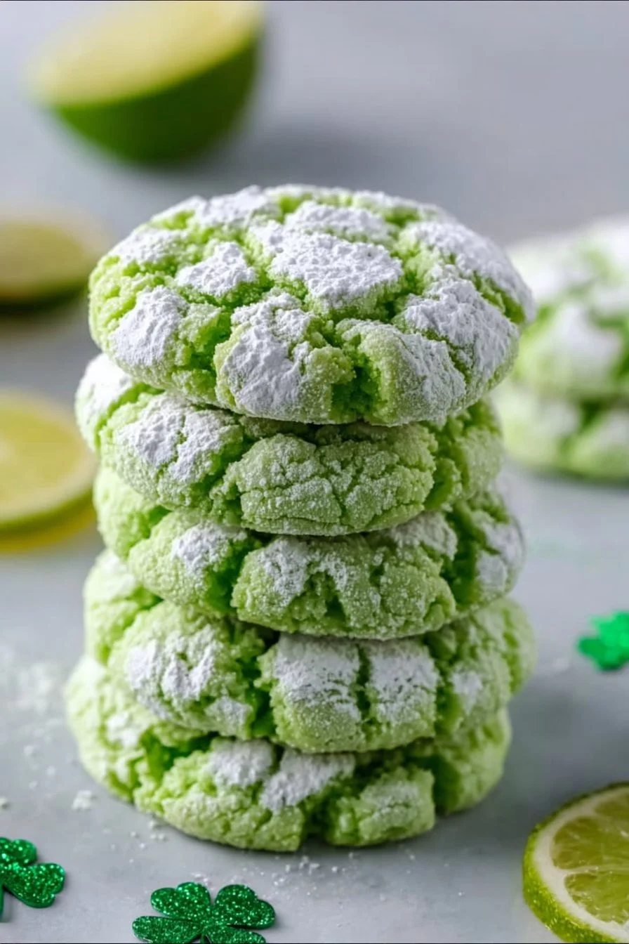 Delicious St. Patrick's Day lime crinkle cookies covered in powdered sugar.