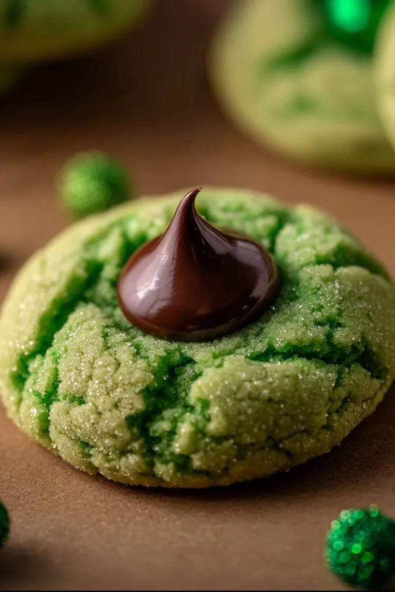 St. Patrick's Day mint chocolate kiss cookies on a decorative plate.