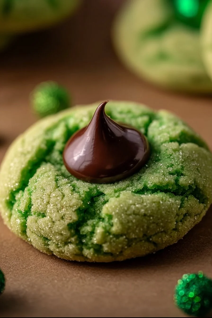St. Patrick's Day mint chocolate kiss cookies on a decorative plate.