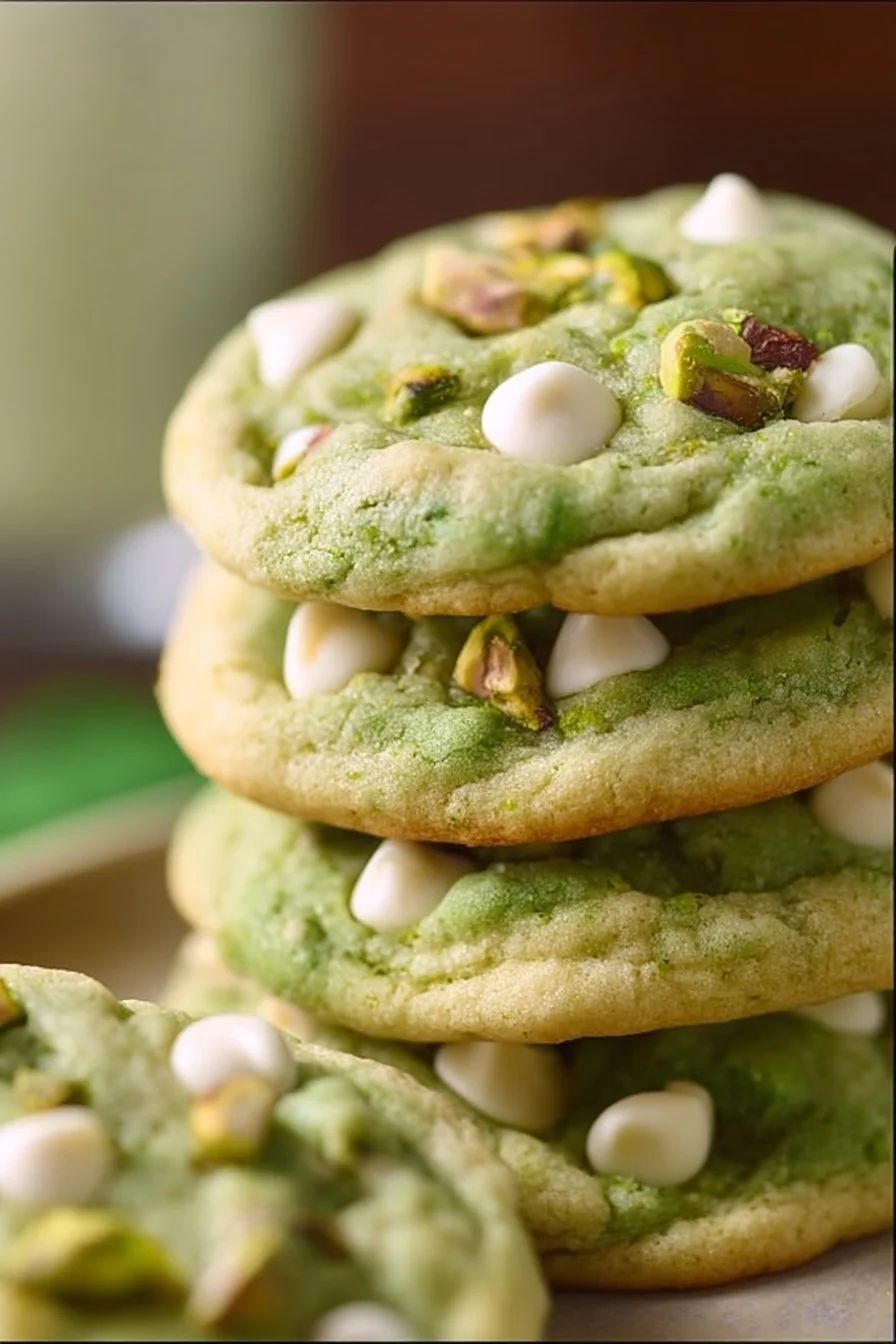 St. Patrick's Day soft and chewy pistachio cookies on a decorative plate