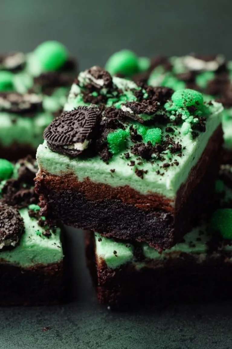 St. Patrick's Day triple layer fudgy Mint Oreo brownies on a plate