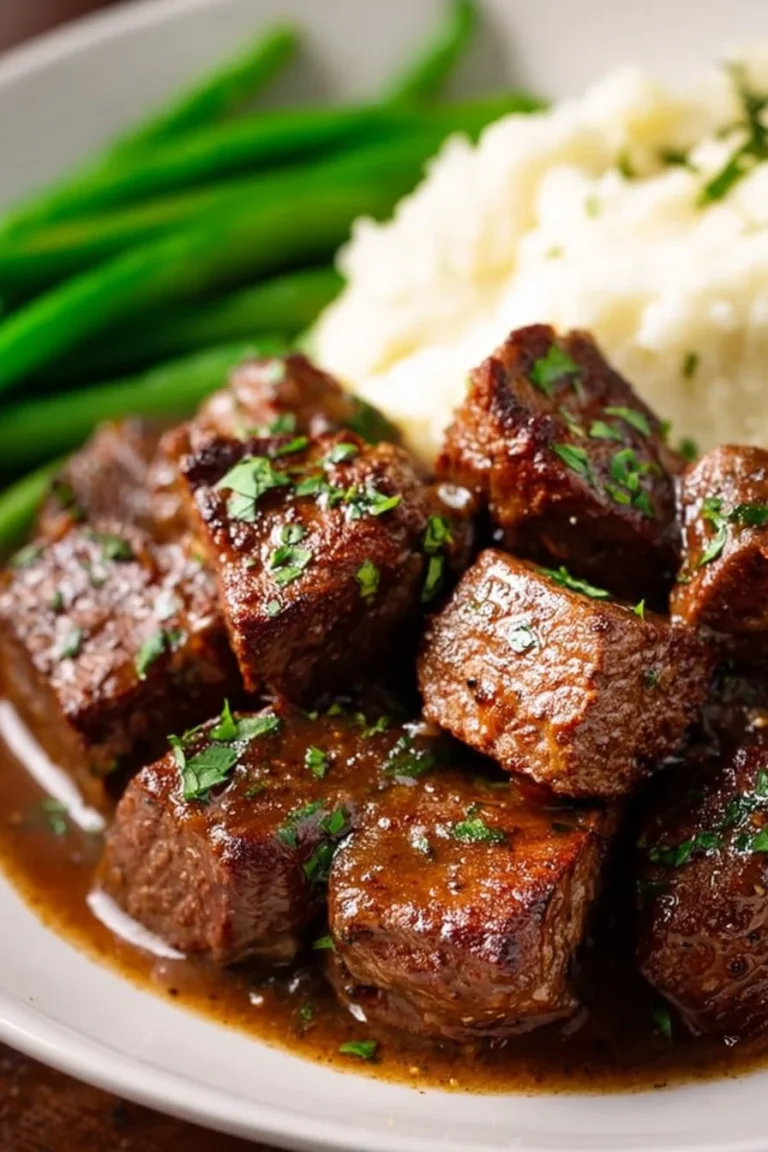 Plate of delicious steak bites, perfectly cooked and seasoned.