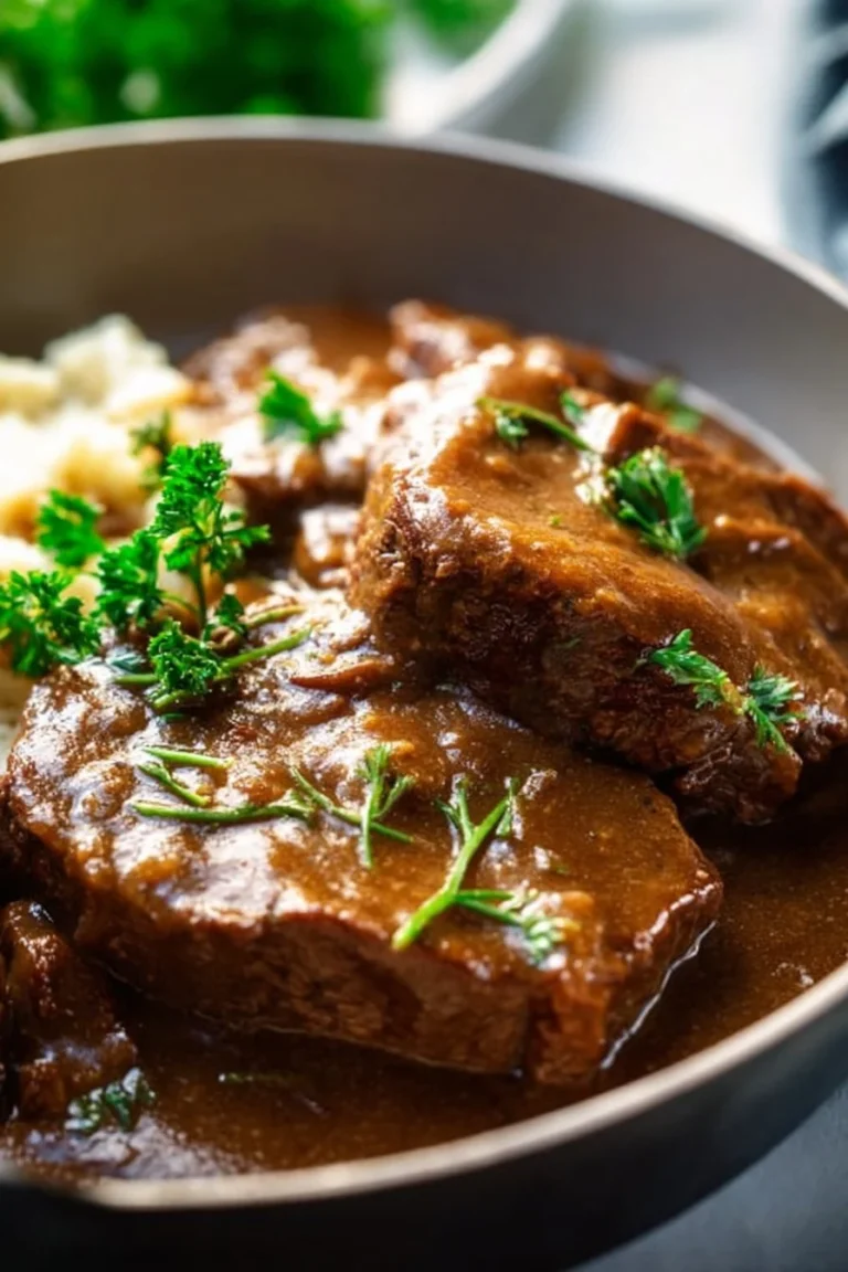 Delicious steak with gravy served on a plate, highlighting a mouthwatering meal.