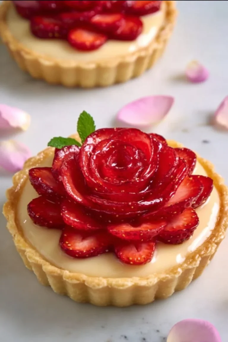 Strawberry rose tart topped with custard cream and fresh strawberries