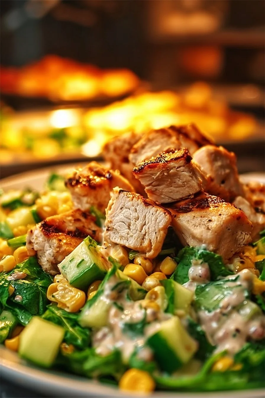 Street corn creamy cucumber chicken salad served in a bowl