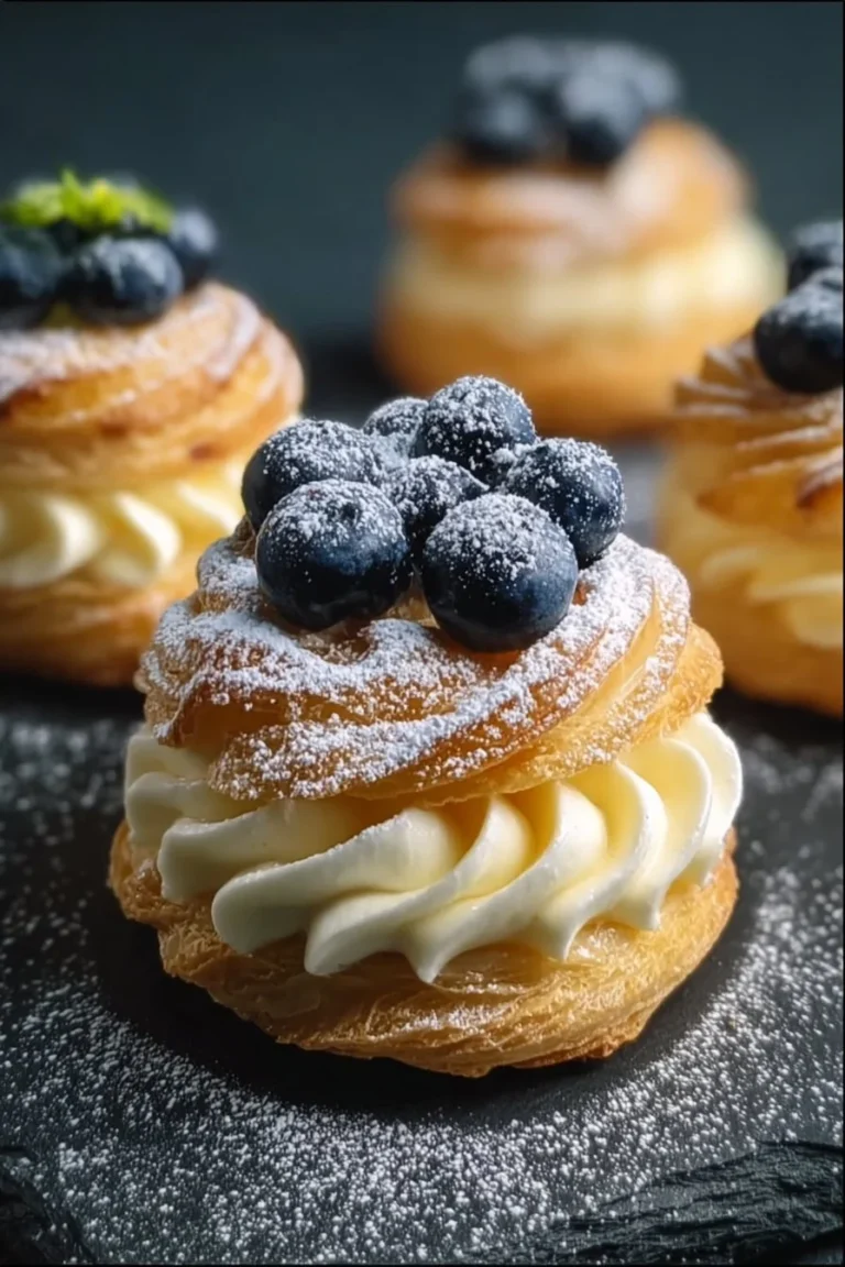 Sweet blueberry pastry rings filled with vanilla cream, perfect for dessert.