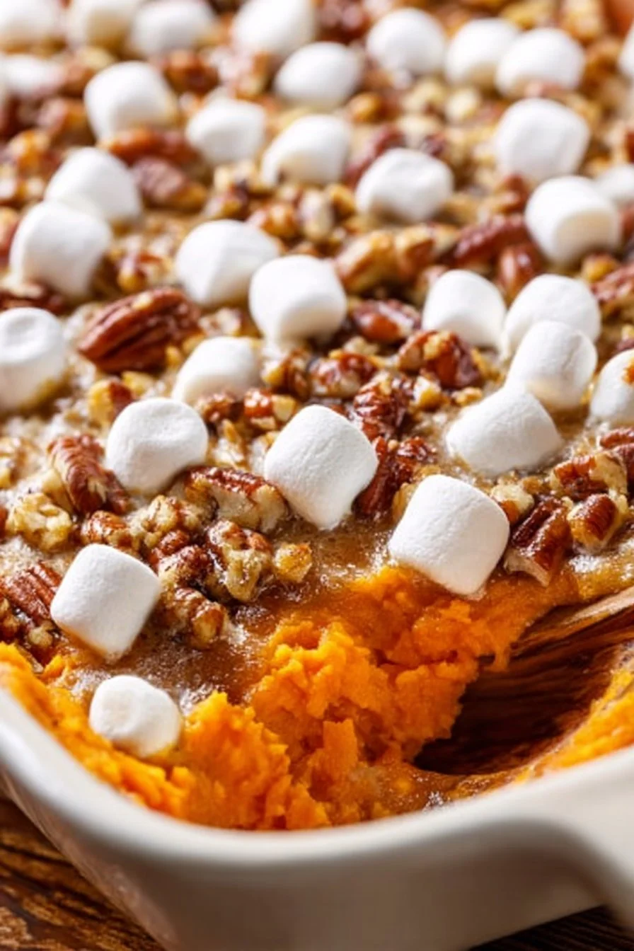 Deliciously creamy sweet potato casserole topped with marshmallows and pecans